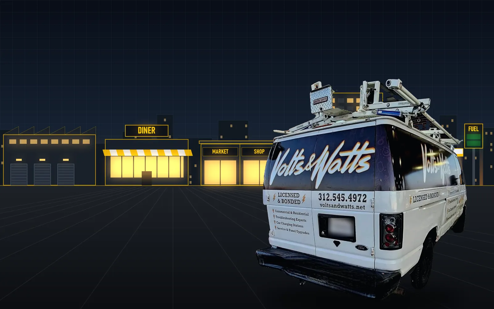 The Volts & Watts work van parked in front of restaurants, shops and a gas station at dusk