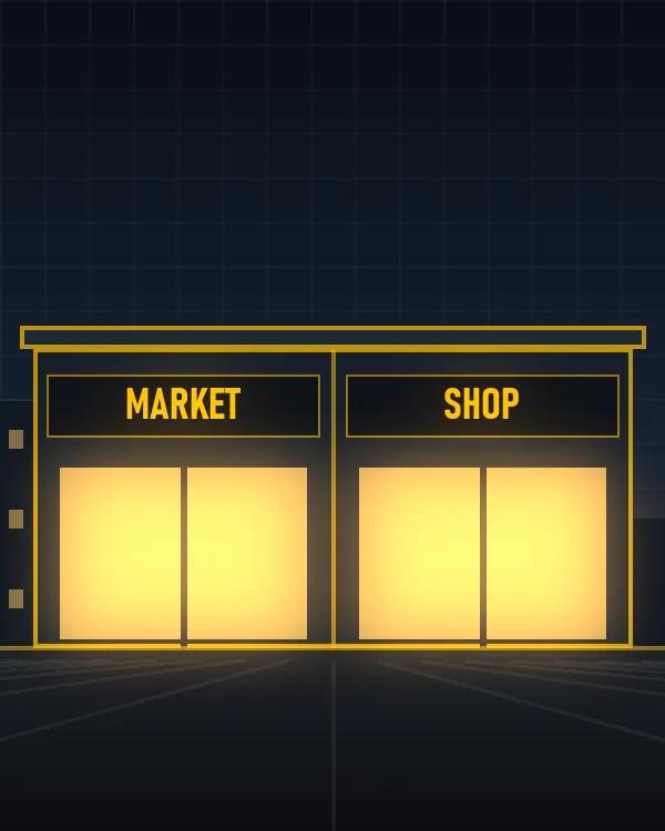 Illustration of a row of lit storefronts